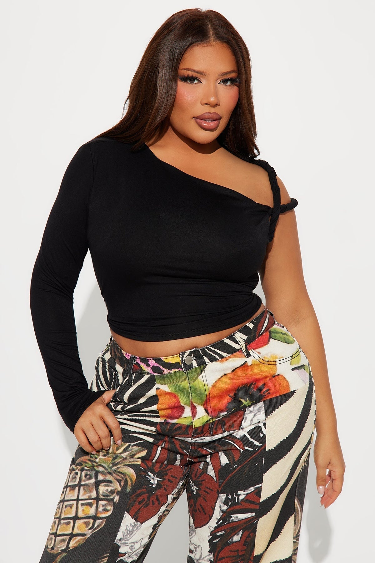 Kendra One Shoulder Long Sleeve Top - Black