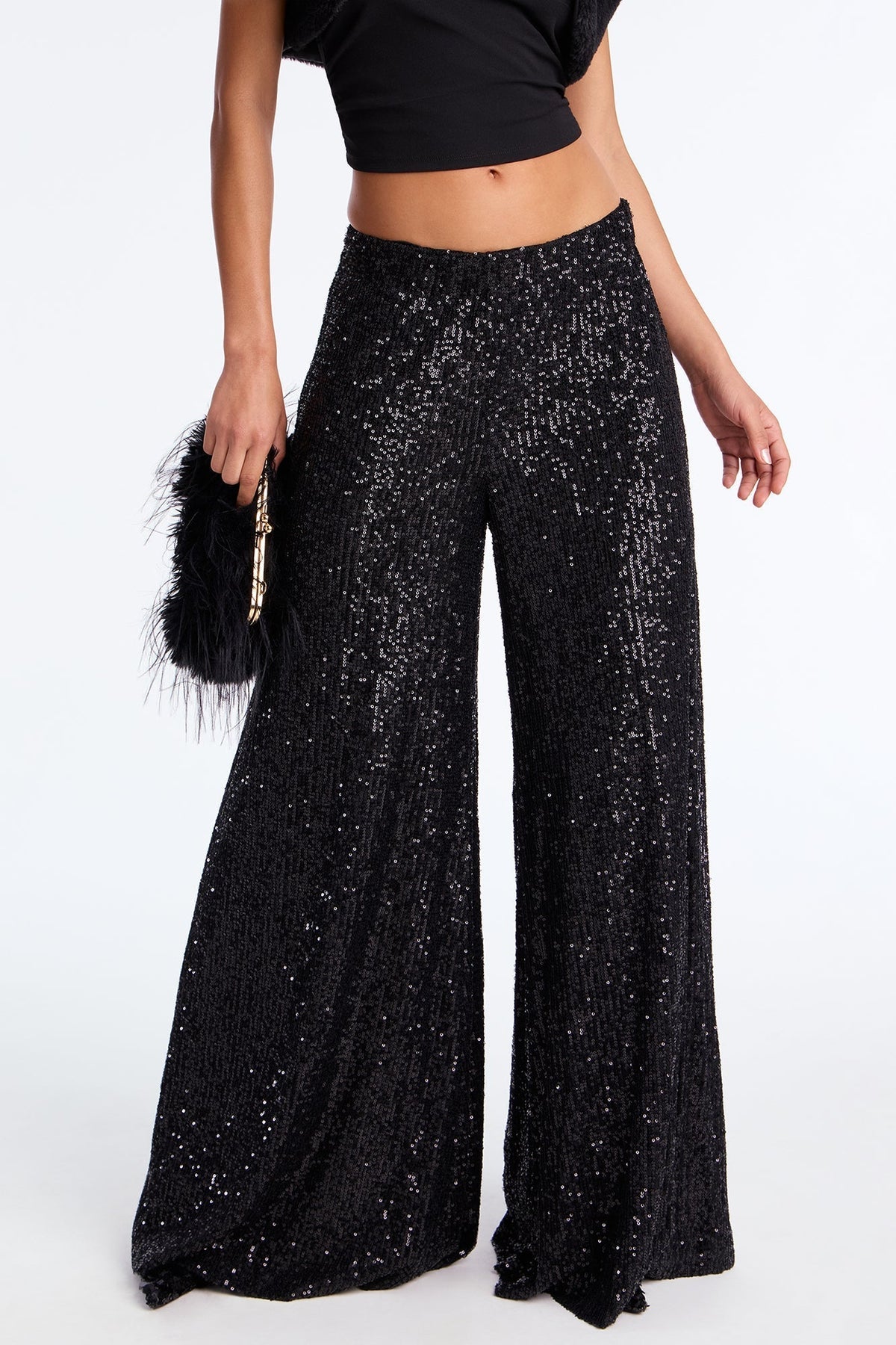 Champagne Wishes Sequin Wide Leg Pant 32″ - Black
