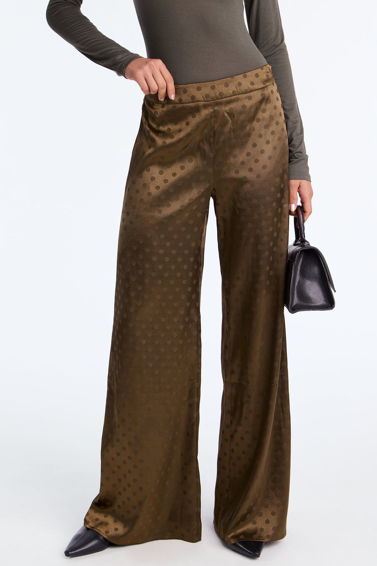 Amal Polka Dot Wide Leg Satin Pant 32″ - Olive