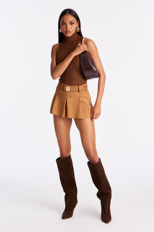 Paige Belted Faux Suede Micro Mini Skort - Camel