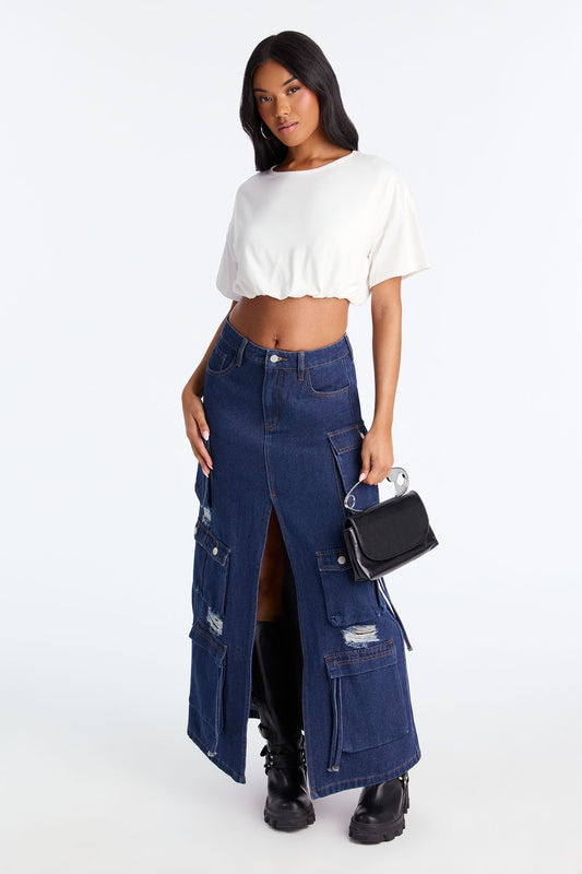 Out Of Town Cargo Denim Maxi Skirt - Rinse Blue Wash