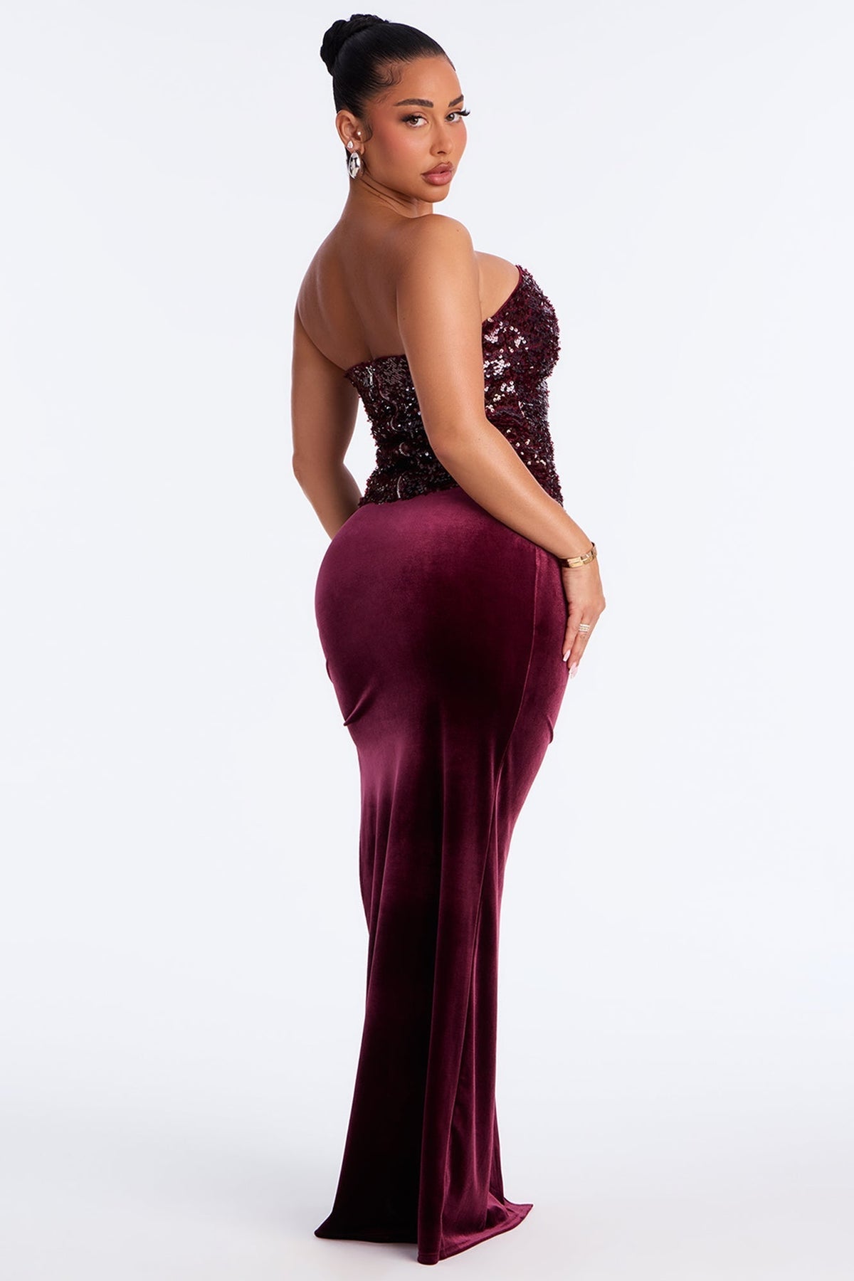 Cheers To Me Ruched High Slit Velvet Maxi Skirt - Wine