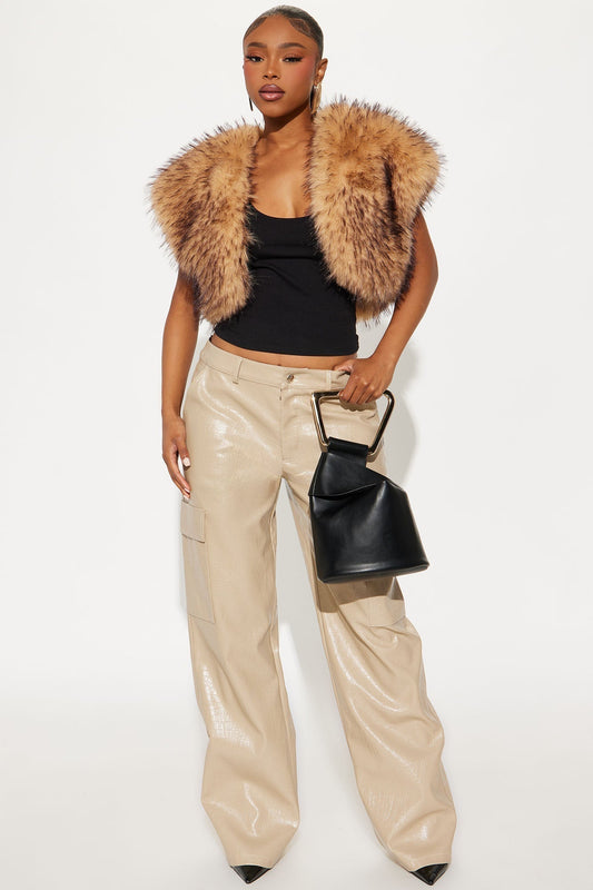 No Competition Here Faux Leather Wide Leg Croc Pant 33 - Bone