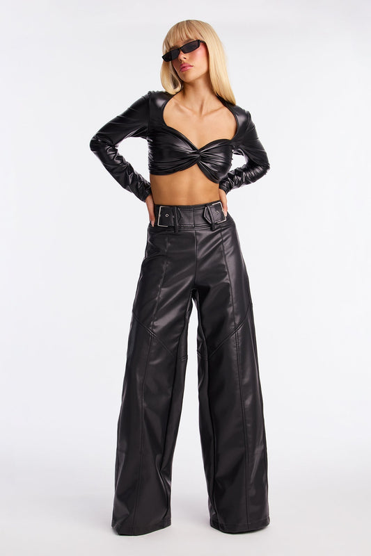 Set In My Ways High Rise Faux Leather Wide Leg Pant 33 - Black