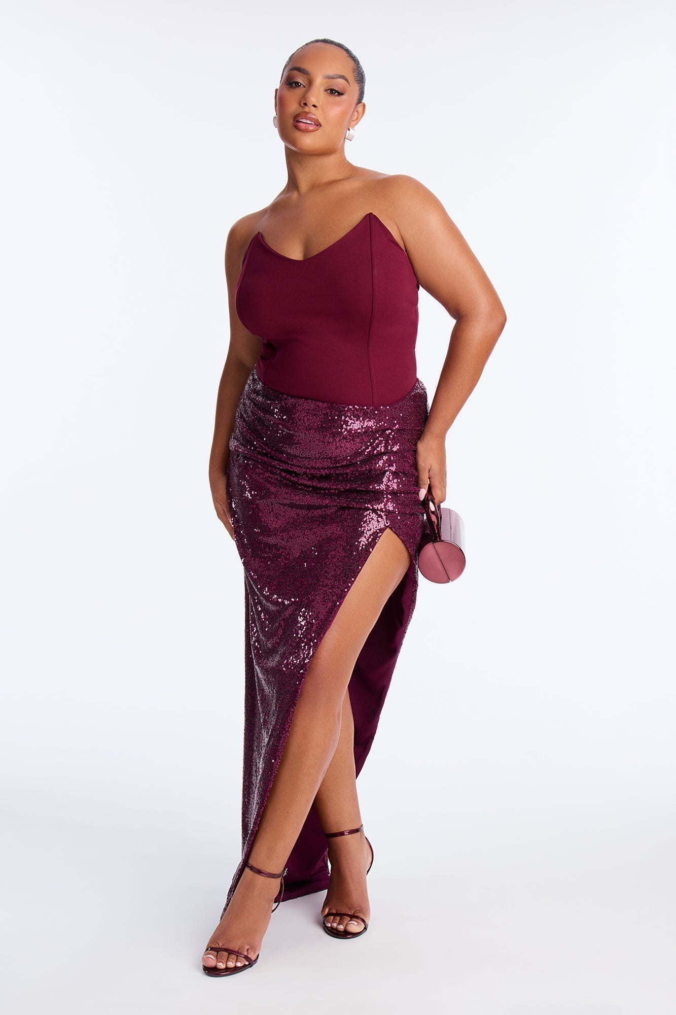 Stepping Out Ruched High Slit Sequin Maxi - Plum
