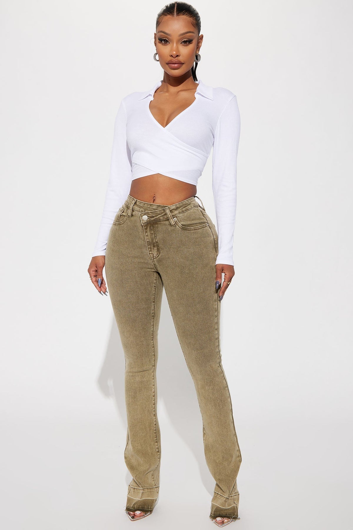 Verdant High Rise Stretch Flare Jeans - Olive