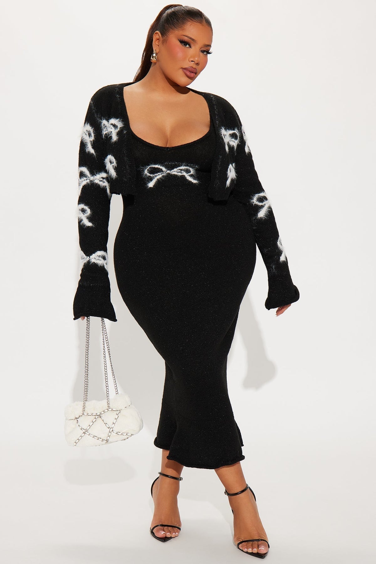 Pretty Bow Sweater Midi Dress and Cardigan Set - Black/White