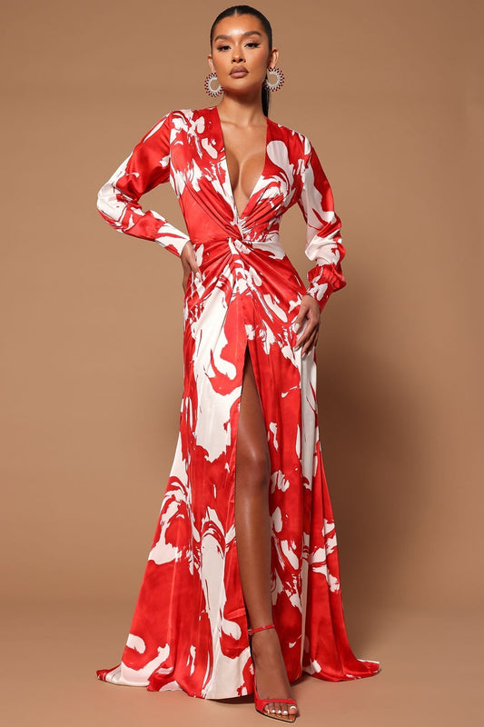 Melissa Satin Maxi Dress - Red/White