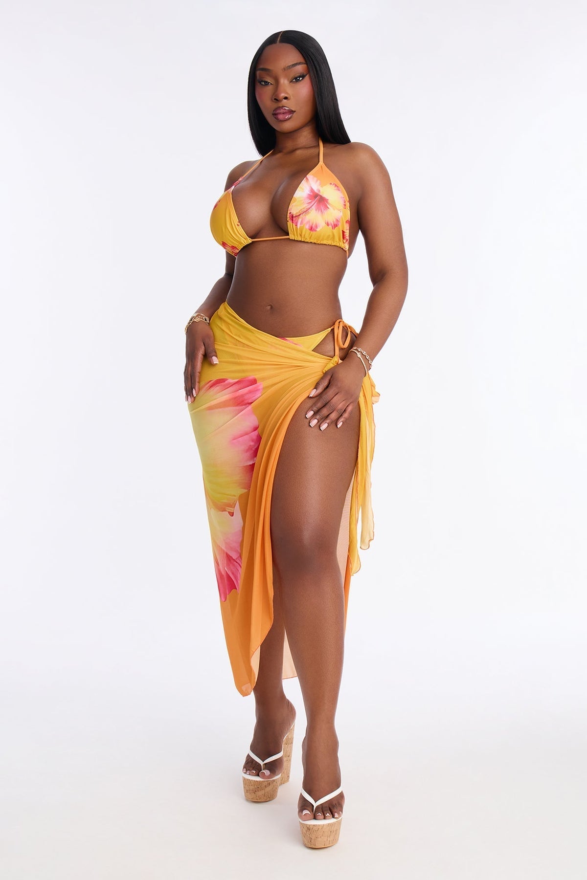 Kiana Flower Triangle Bikini & Sarong Set - Orange/combo