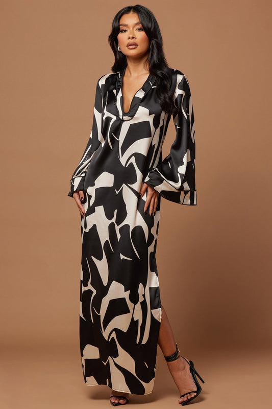 Seoul Satin Kaftan Maxi Dress - Black/combo