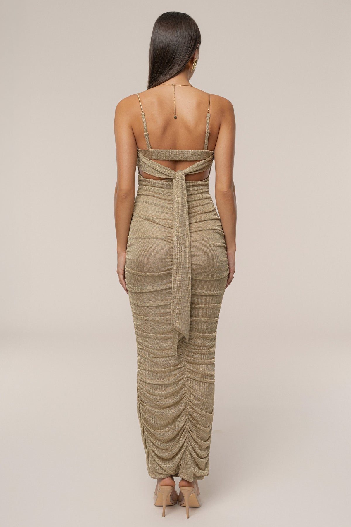Gold Ruched Metallic Maxi Dress