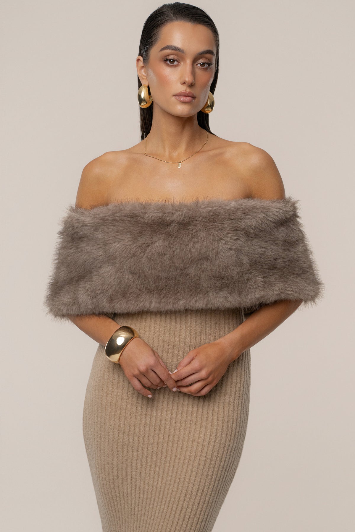 Chocolate Aspen Hour Faux Fur Dress