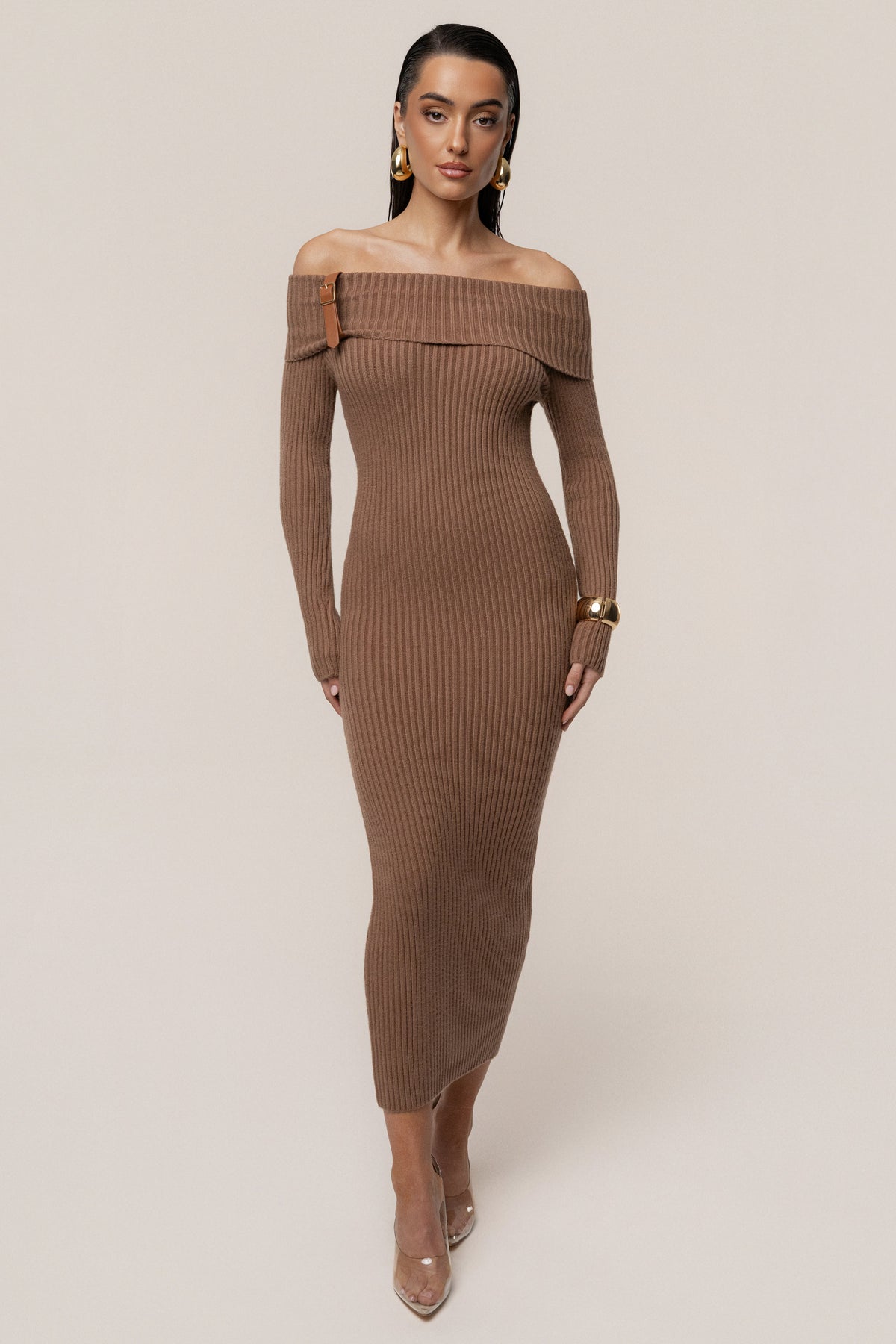 Tan Kira Ribbed Midi Dress