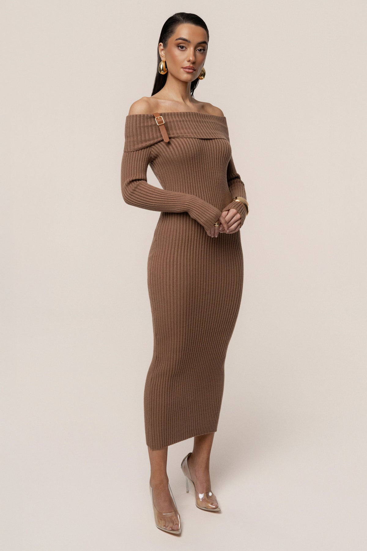 Tan Kira Ribbed Midi Dress