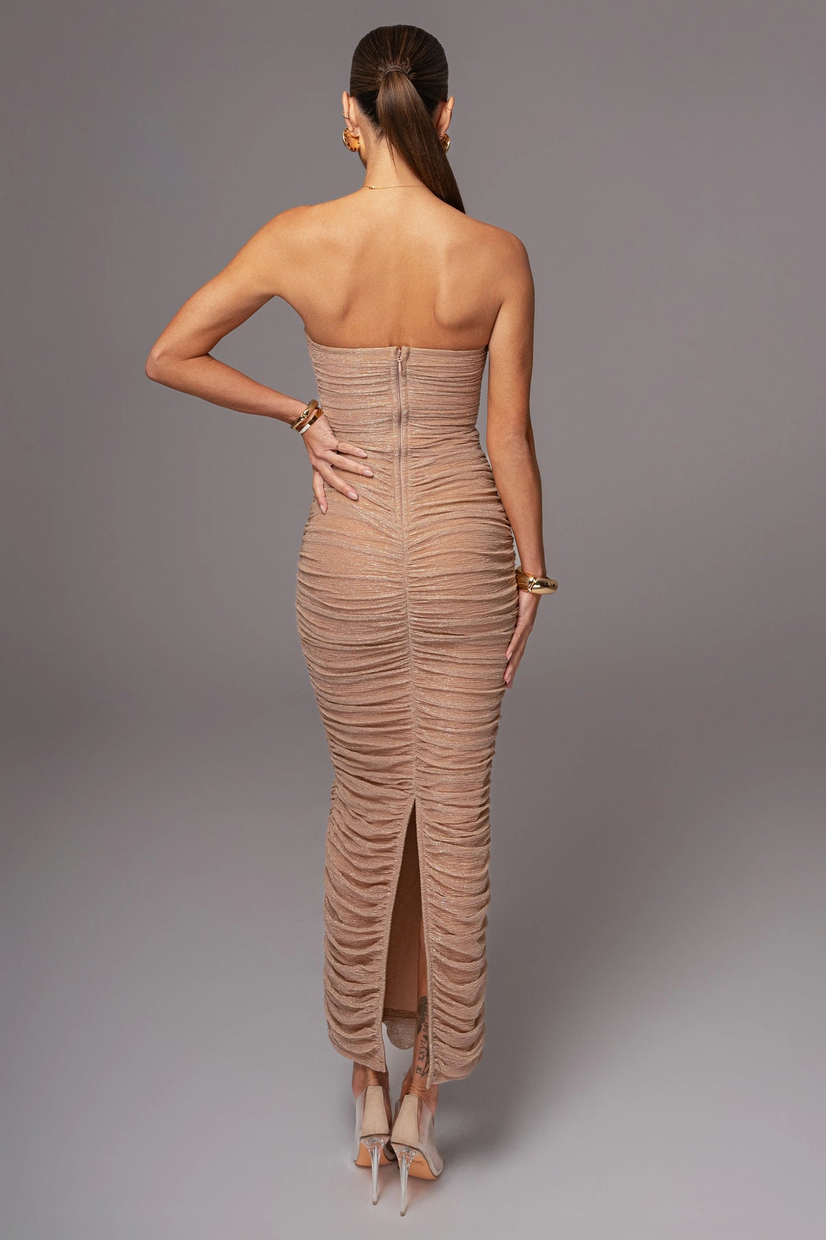 Champagne Metallic Mesh Maxi Dress