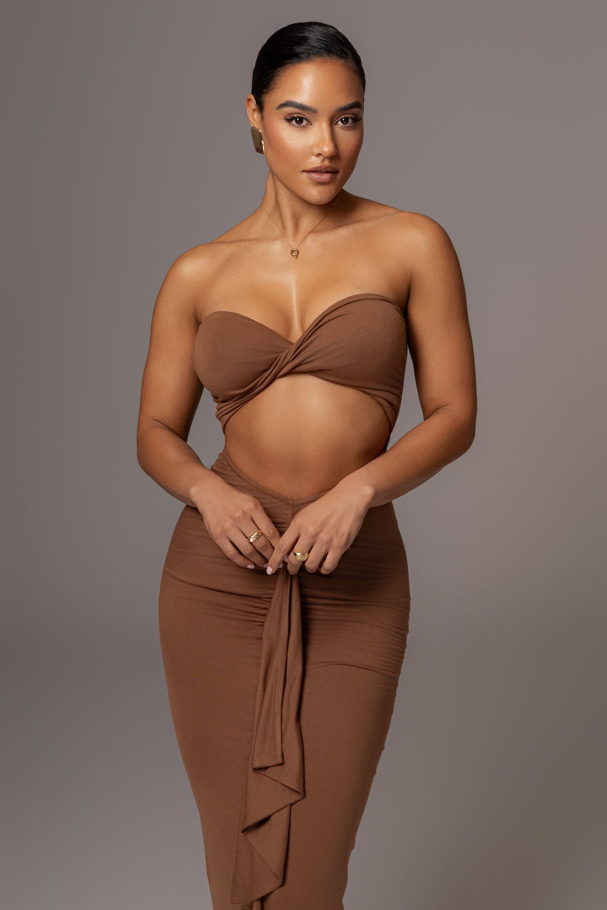 Chocolate Strapless Drape Maxi Dress