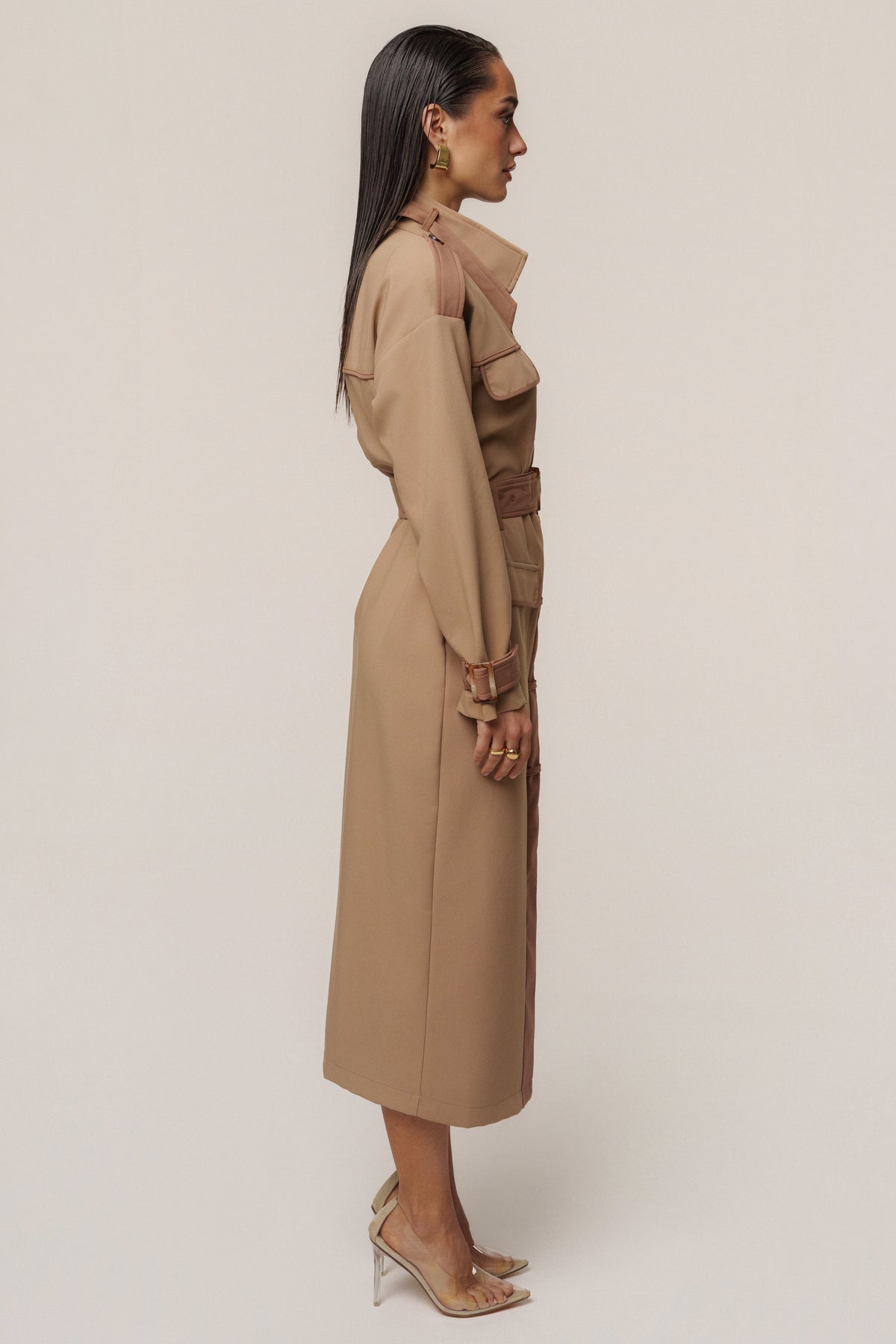Beige Icon Belted Midi Dress