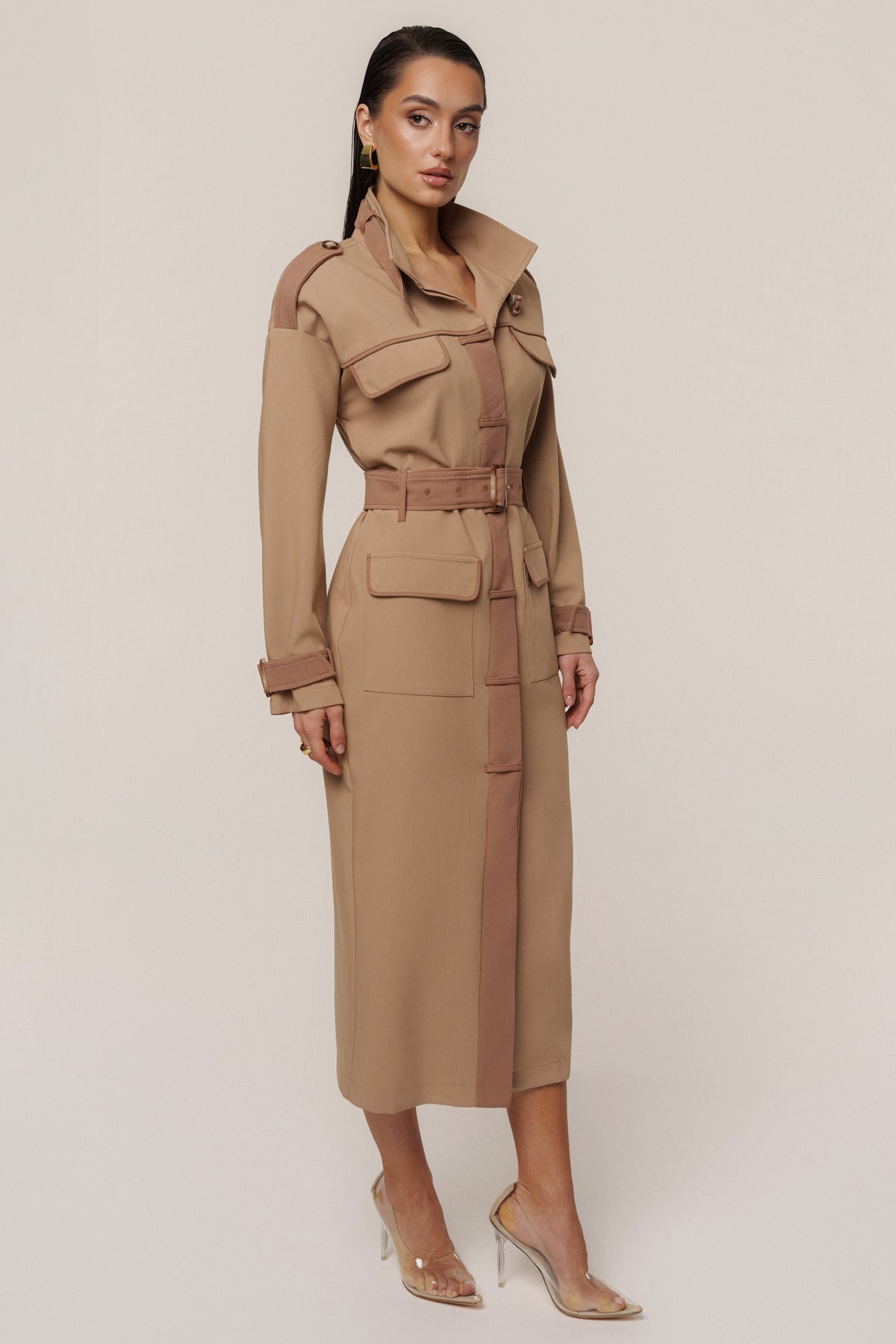 Beige Icon Belted Midi Dress