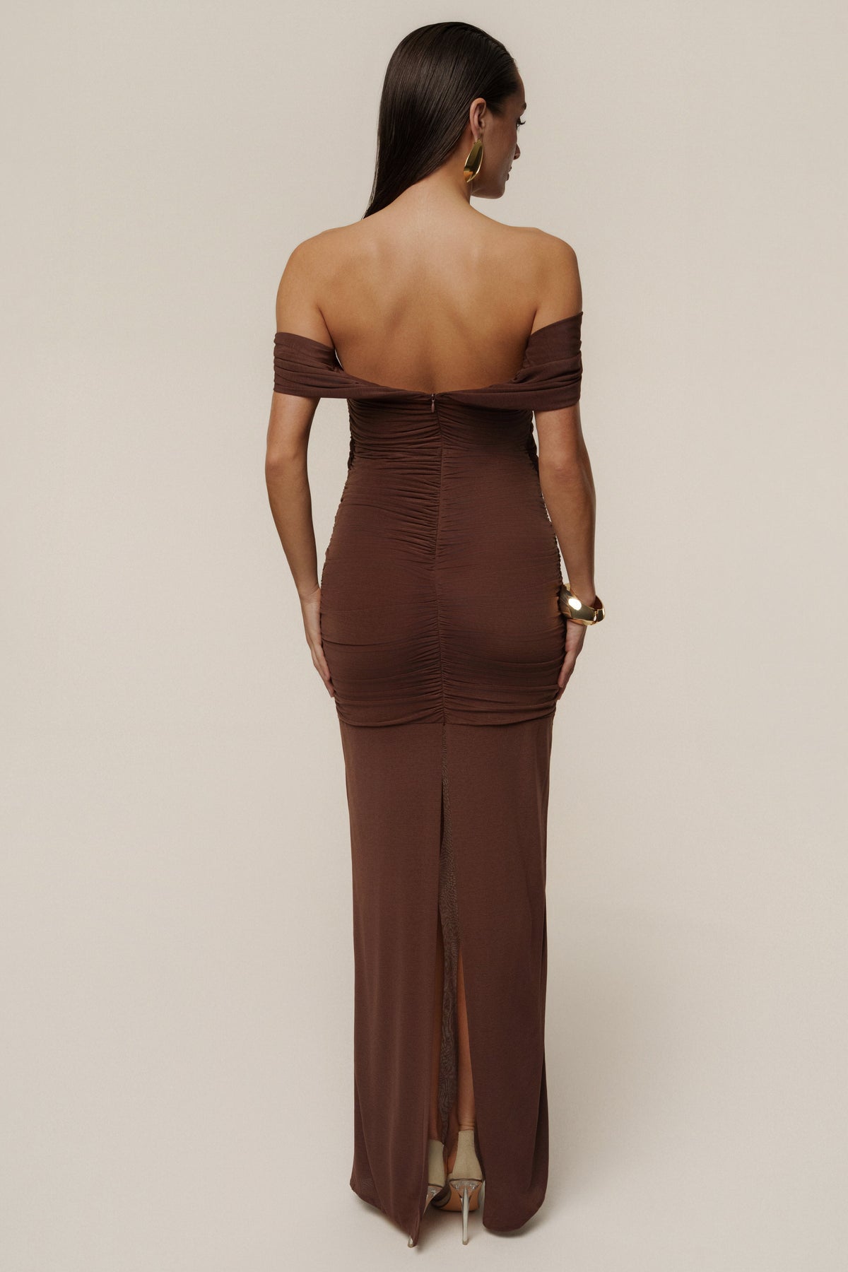 Chocolate Alessandra Off Shoulder Maxi Dress