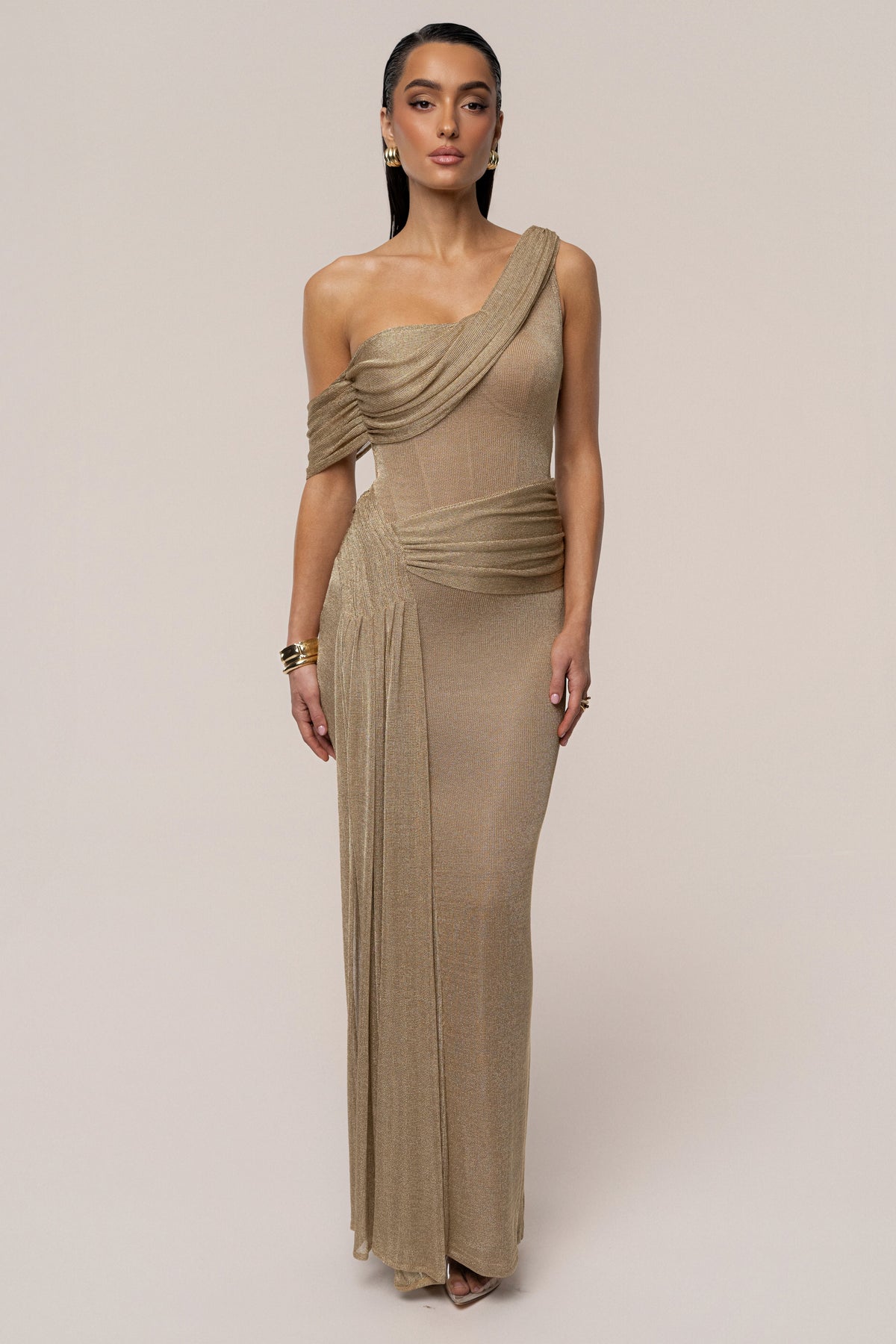 Gold Draped Metallic Maxi Dress