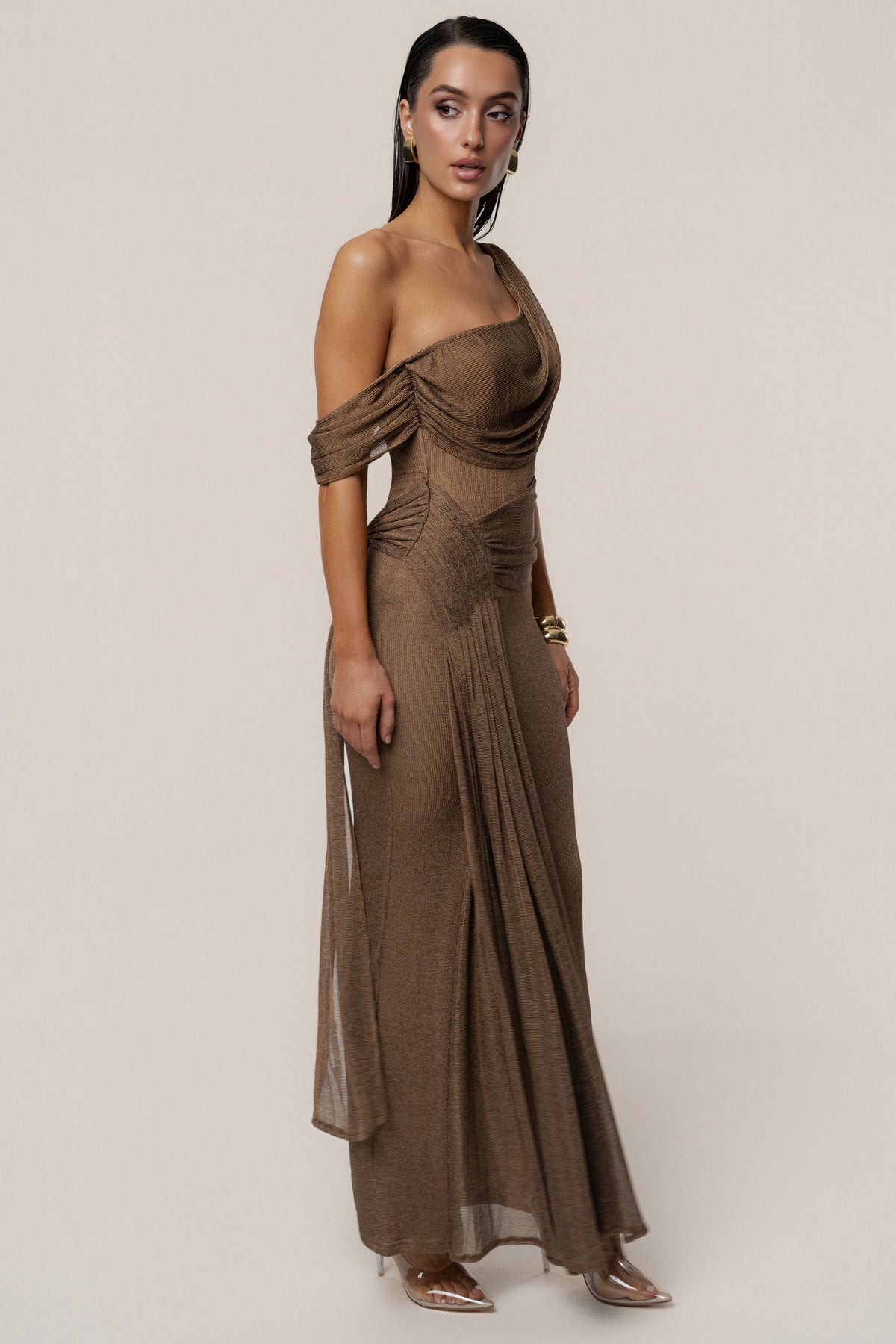 Bronze Draped Metallic Maxi Dress