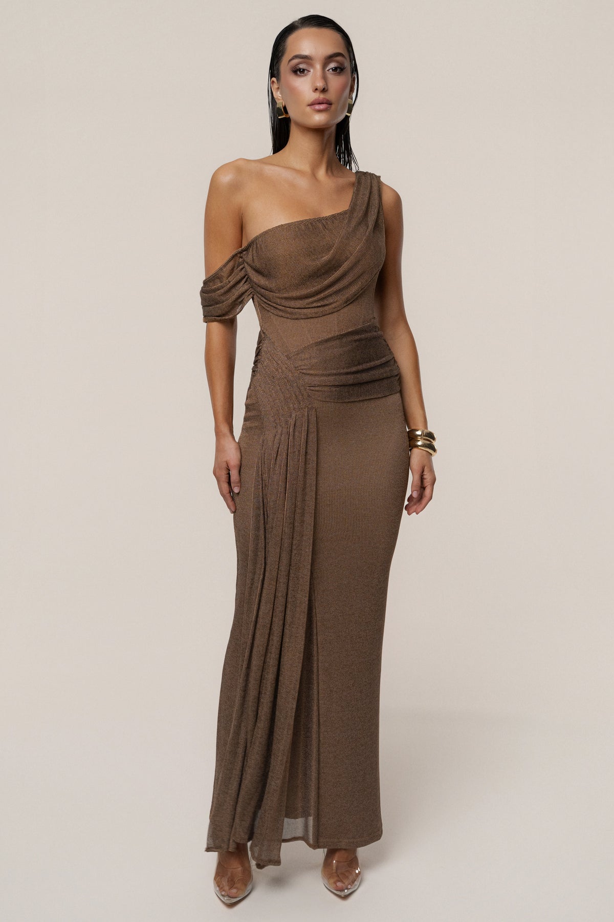 Bronze Draped Metallic Maxi Dress