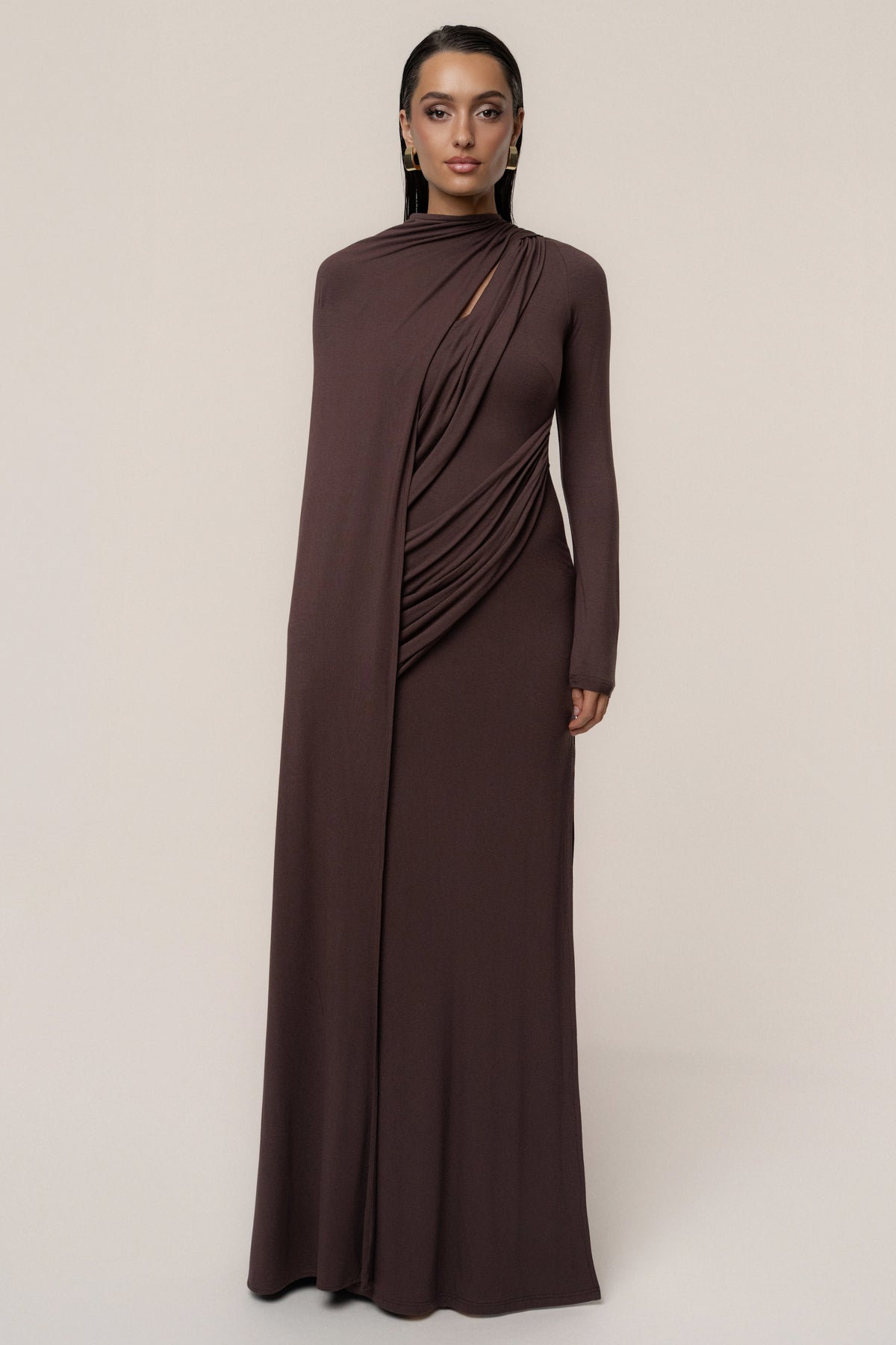 Chocolate Draped Elegance Cape Dress