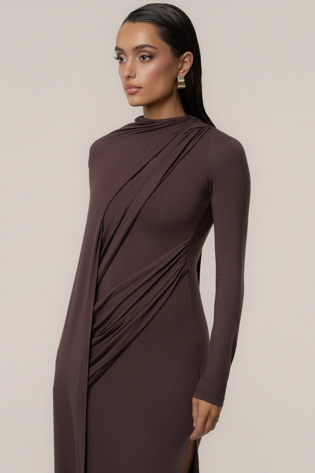 Chocolate Draped Elegance Cape Dress
