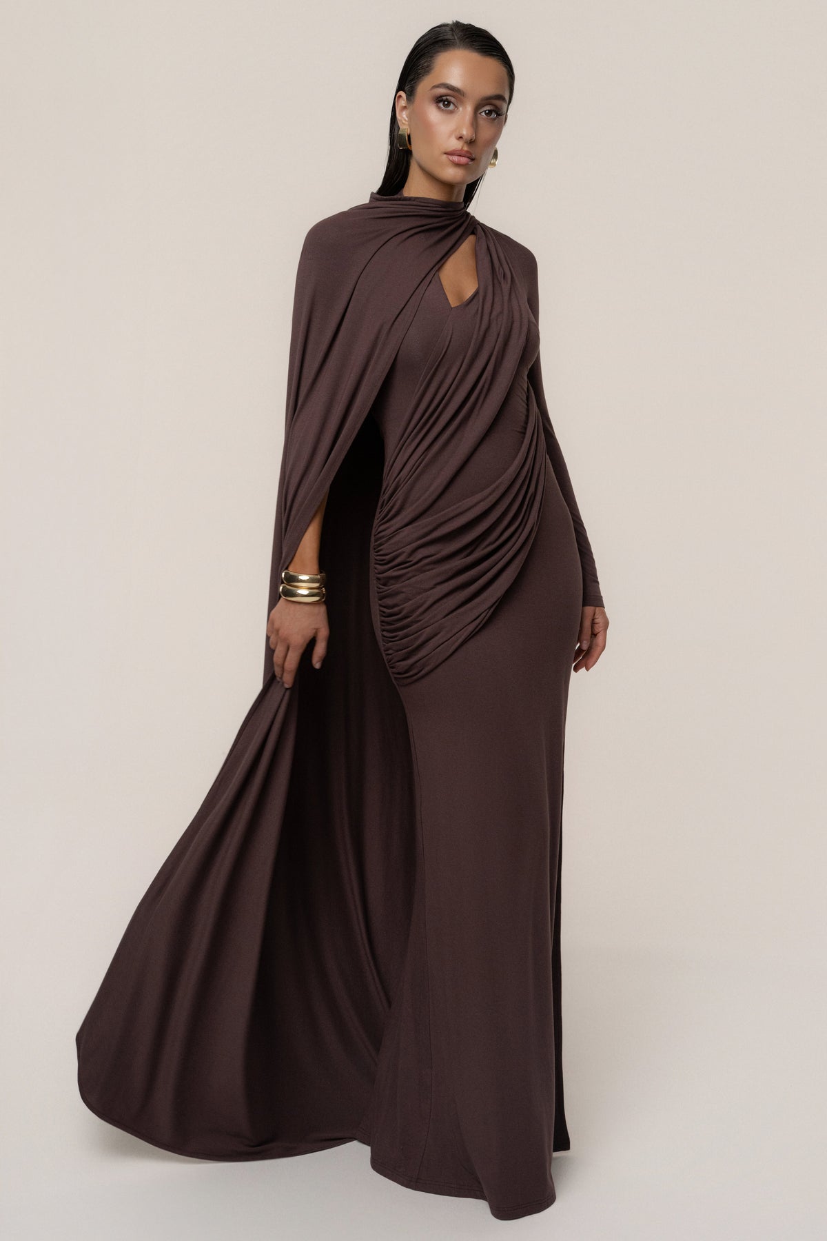 Chocolate Draped Elegance Cape Dress