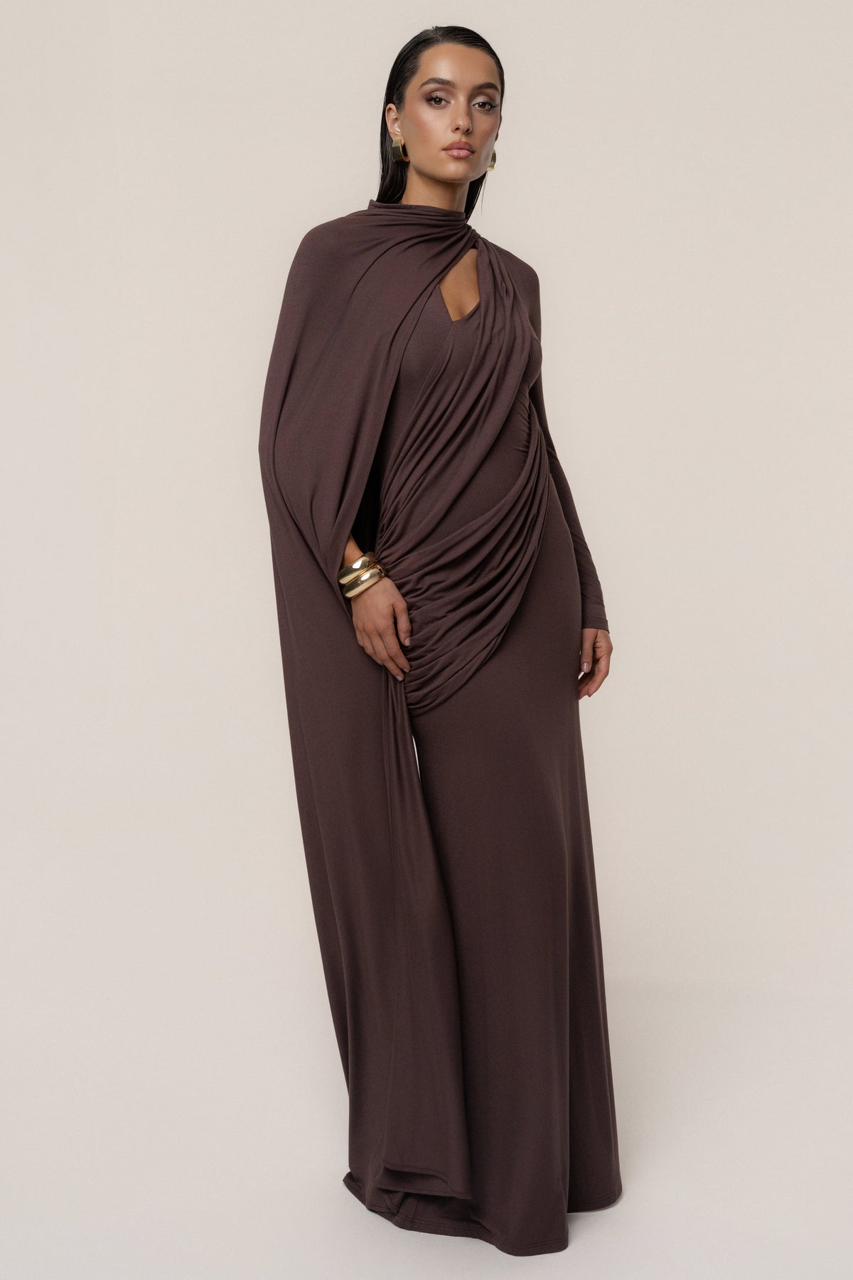 Chocolate Draped Elegance Cape Dress